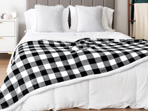 3eb347fc4a01e4d2a93d9ef1c68a8c00.png Black & White Buffalo Plaid Sherpa Bed Blanket - King, Plush Checkered Fleece & Flannel, Warm Winter Blanket for Couch & Sofa, 90X108