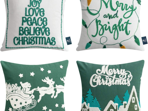 4a1ca66b1bdab5217c9db45ebb088213.png Merry Christmas Decorative Cotton Canvas Throw Pillow Covers with Embroidered Letter, Santa, Elk, Lantern Cushion Cover for Xmas Couch Sofa, Green, 18 X 18 Inches, Set of 4